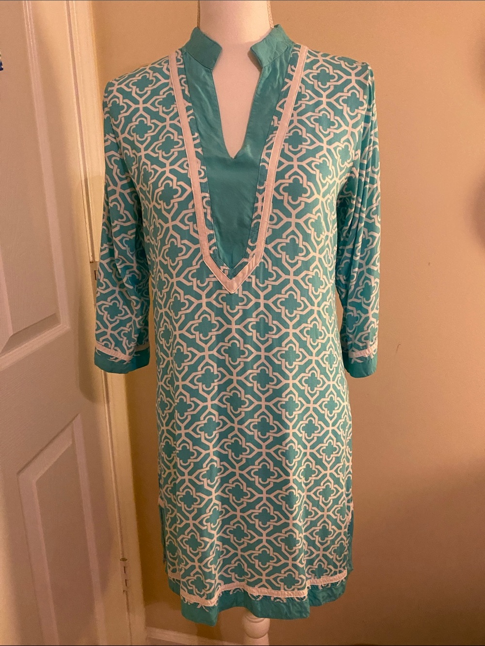 escapada Teal and White Geometric Midi Tunic Dress